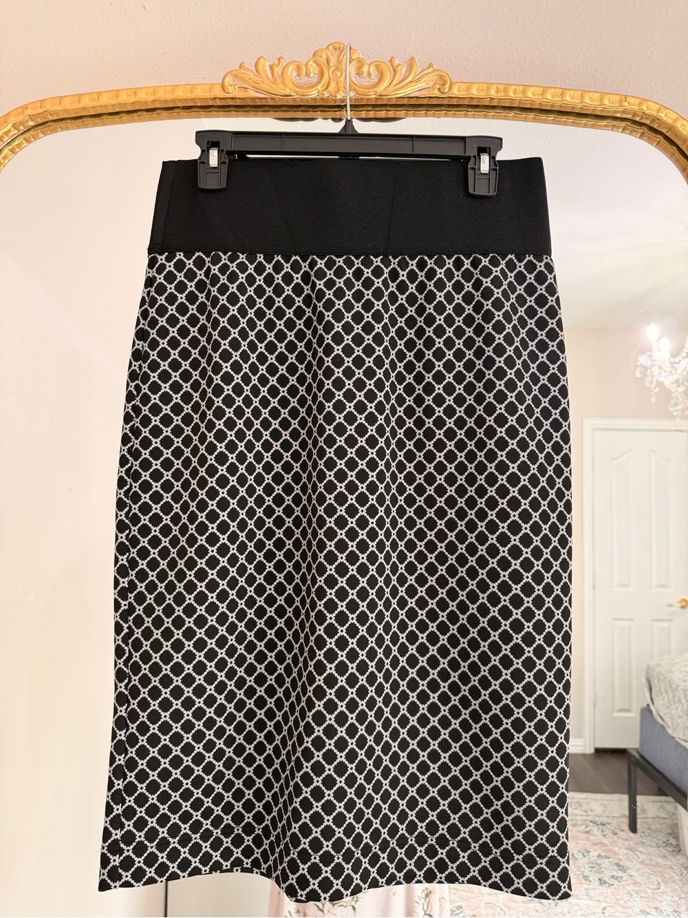 Investments Black Midi Skirt with White Lattice Pattern